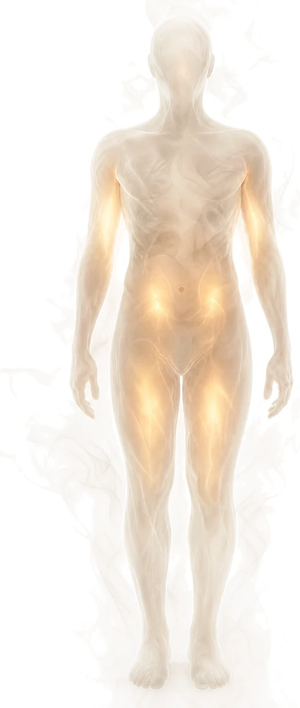 A translucent full-body anatomical render seen from the front, with warm light marking the injection regions: either side of the navel, the fronts of both thighs, and the outer upper arms.